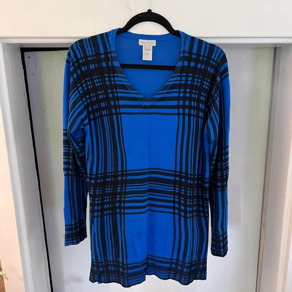 Multiples‎ blue black plaid long sleeve knit sweater top or dress womens size S